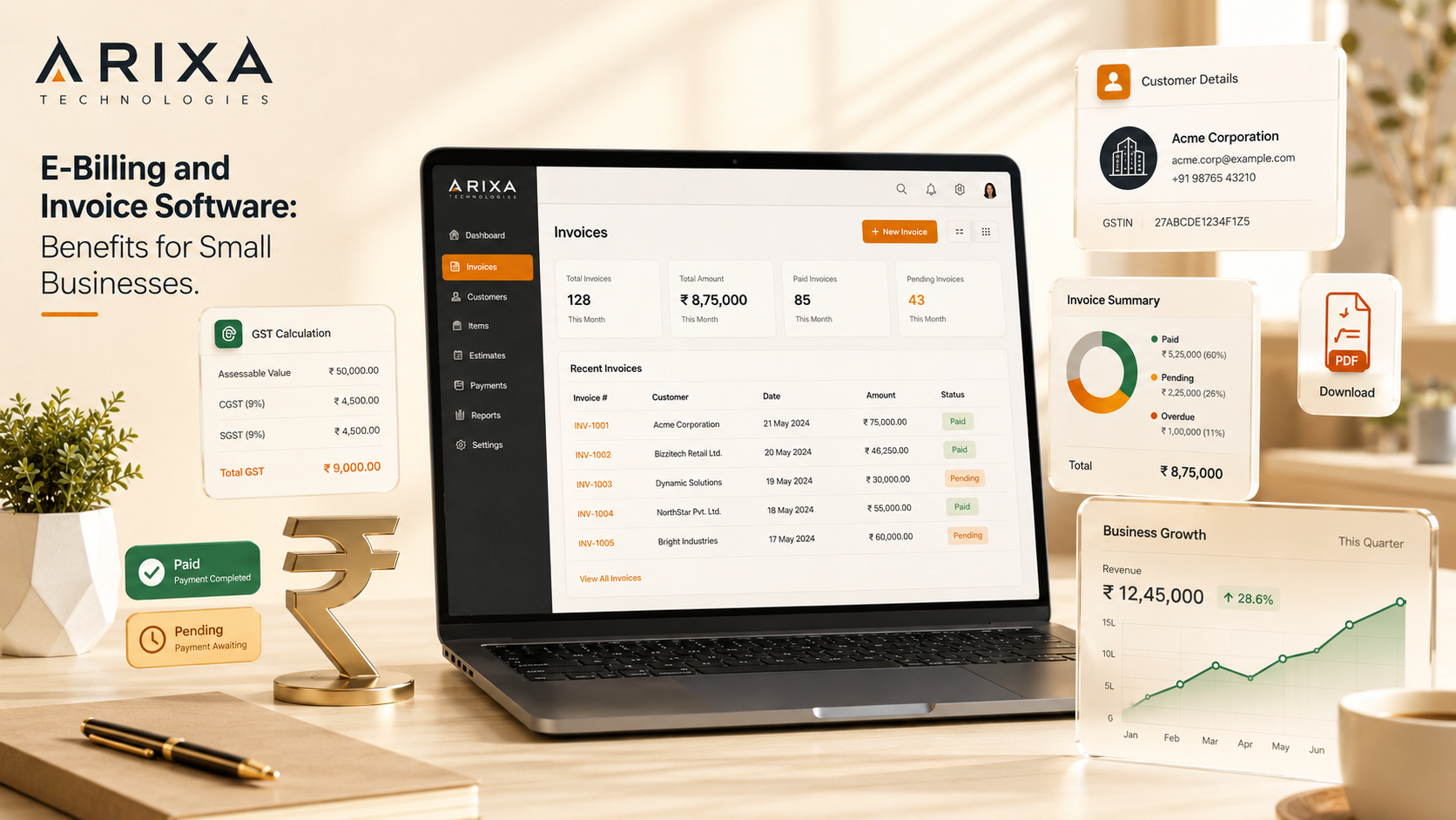 E-billing and invoice dashboard for small-business billing management