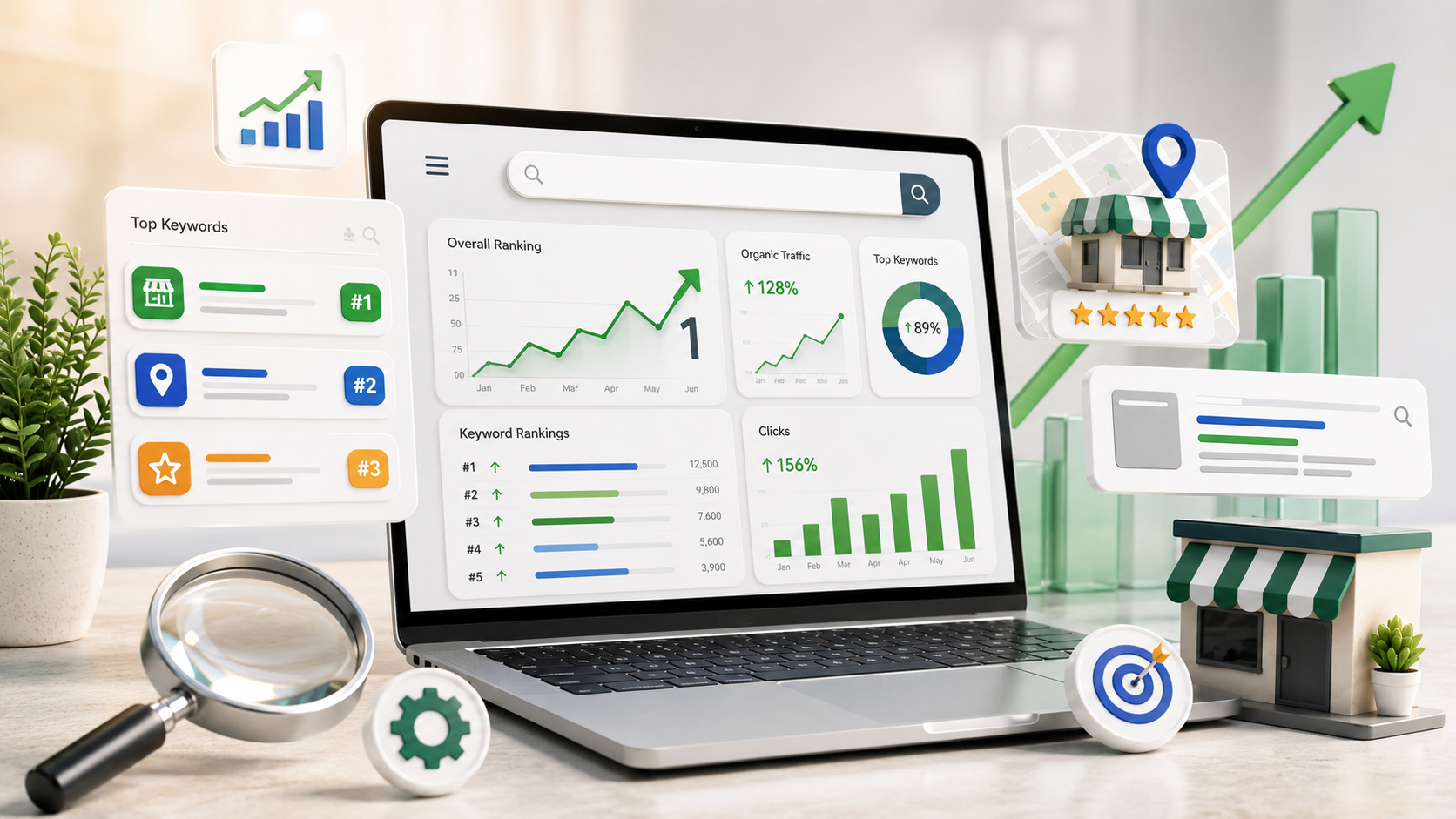 SEO dashboard showing small business Google visibility and organic growth