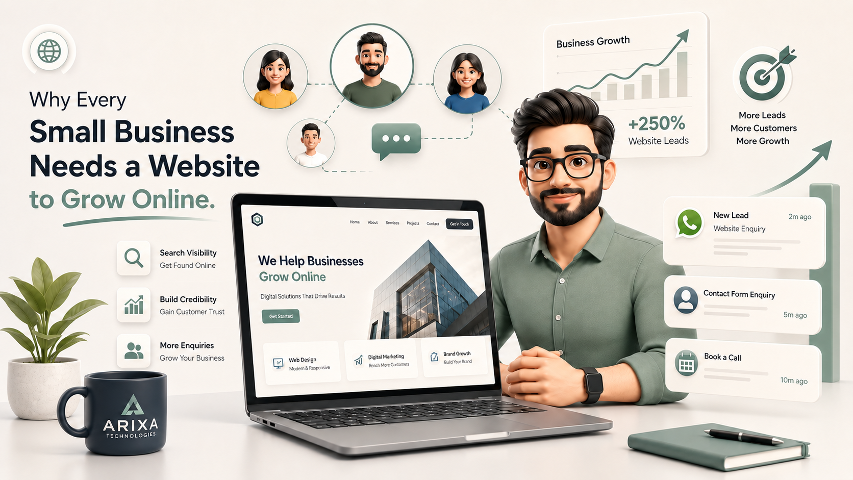 Small business owner using a professional website and online growth dashboard