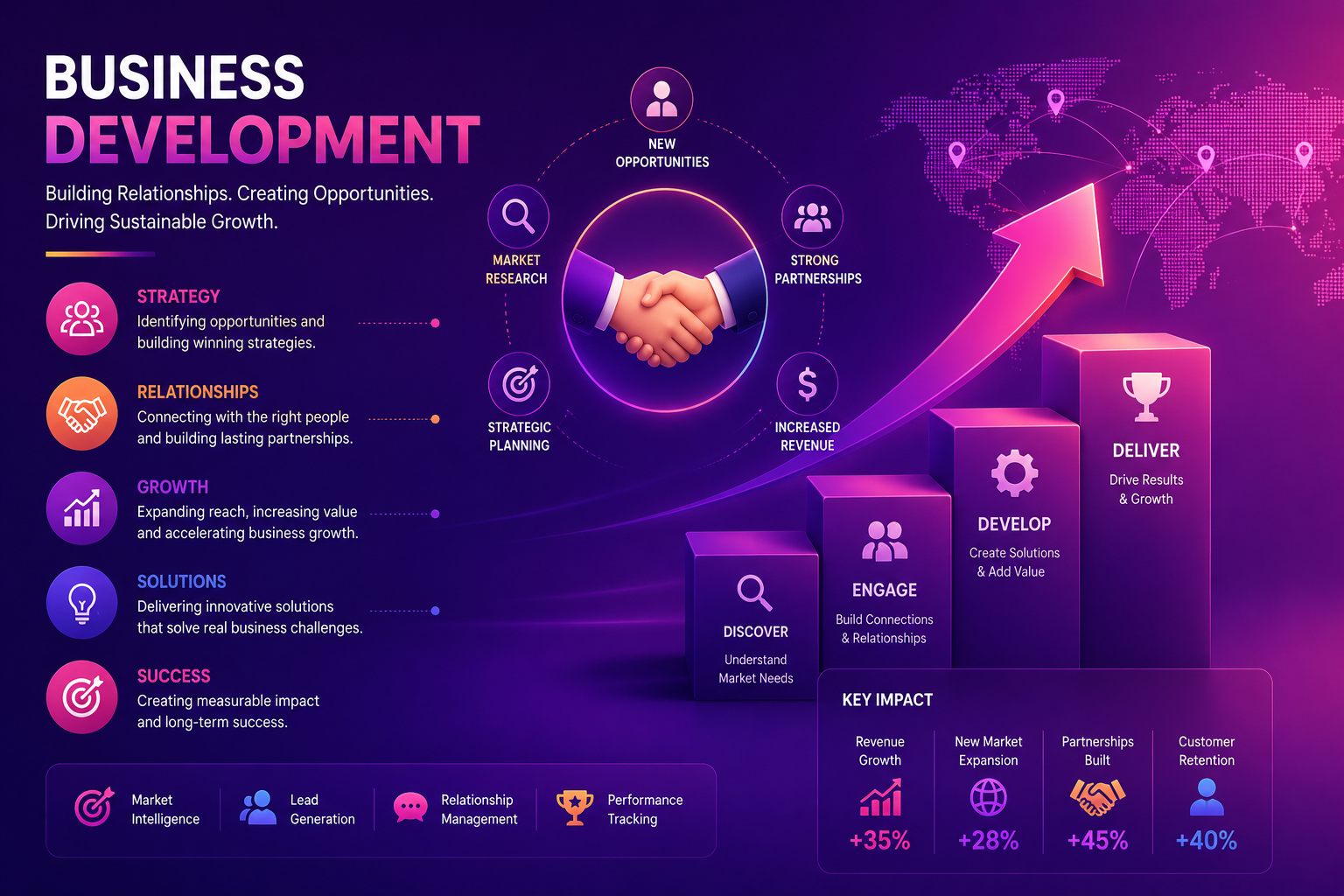 Business development strategy dashboard showing lead generation, sales pipeline, partnerships, and revenue growth