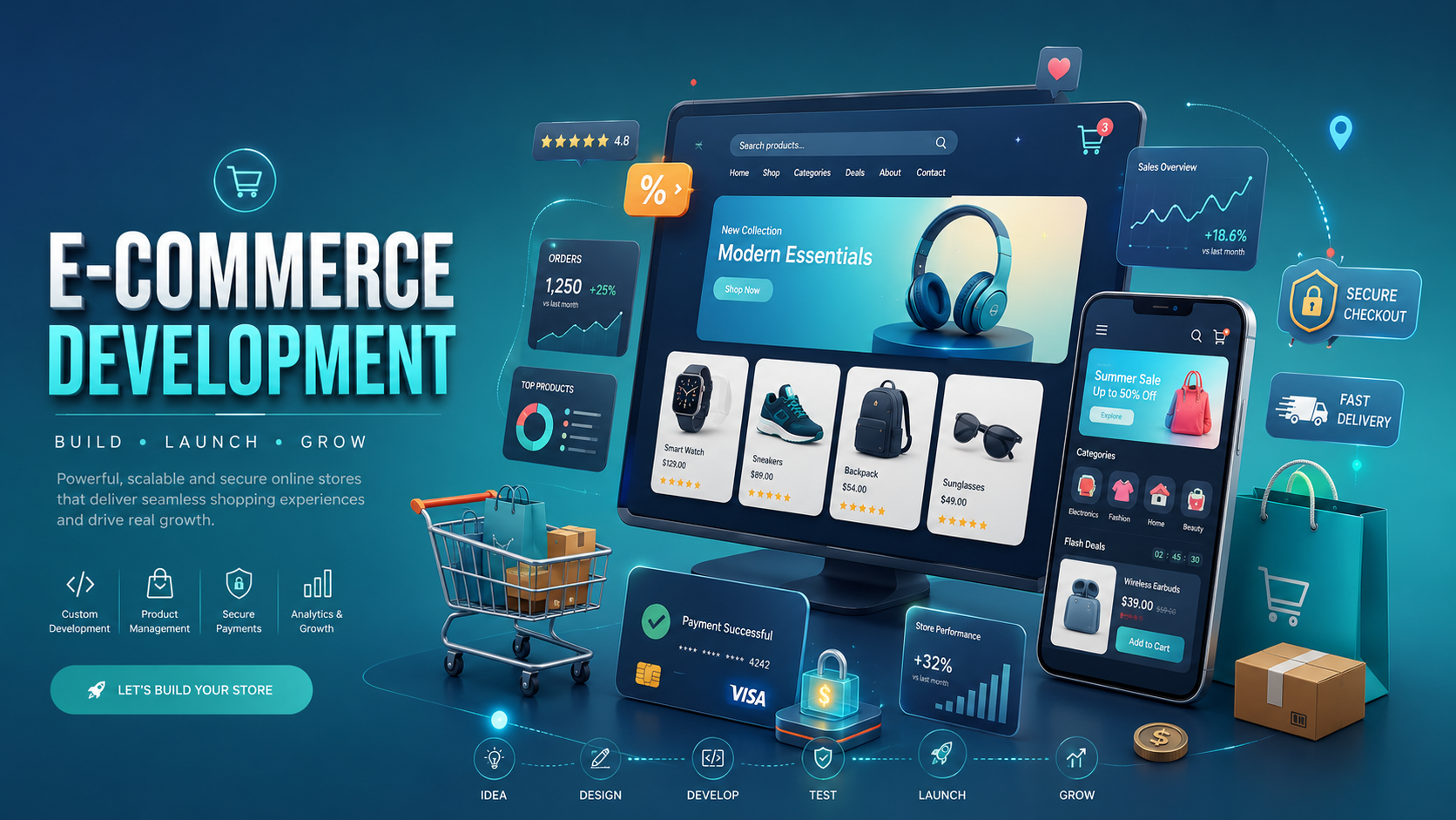 Premium e-commerce development showcase with online store user experience and checkout flow