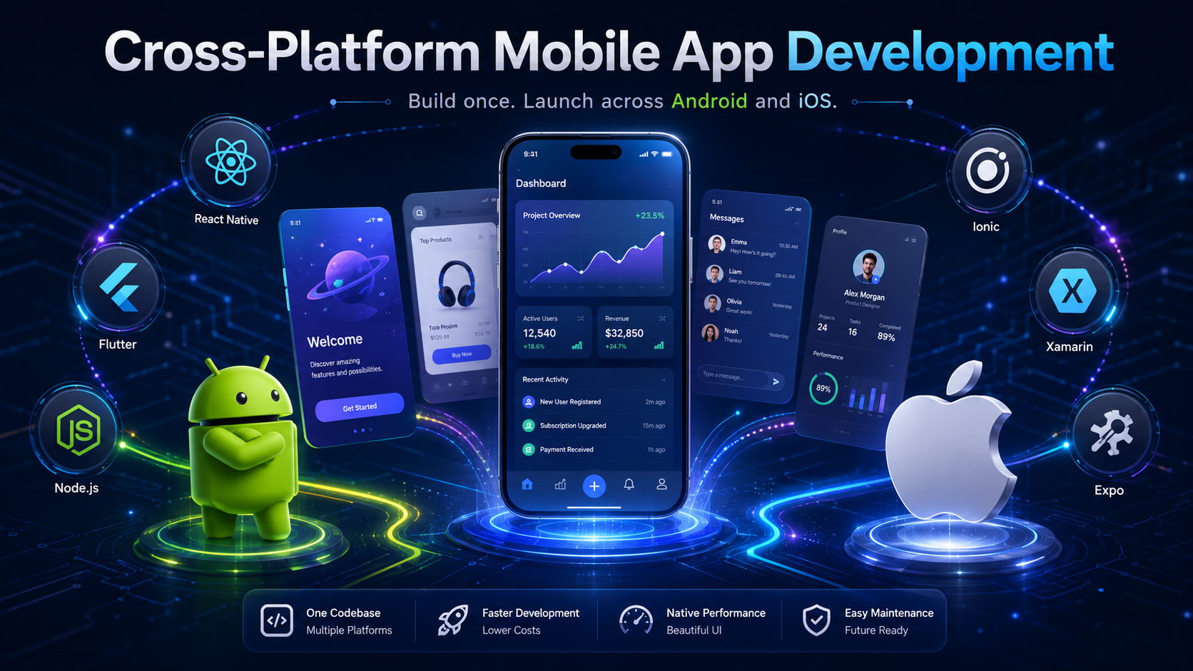 Modern mobile app development showcase with premium smartphone user interface designs