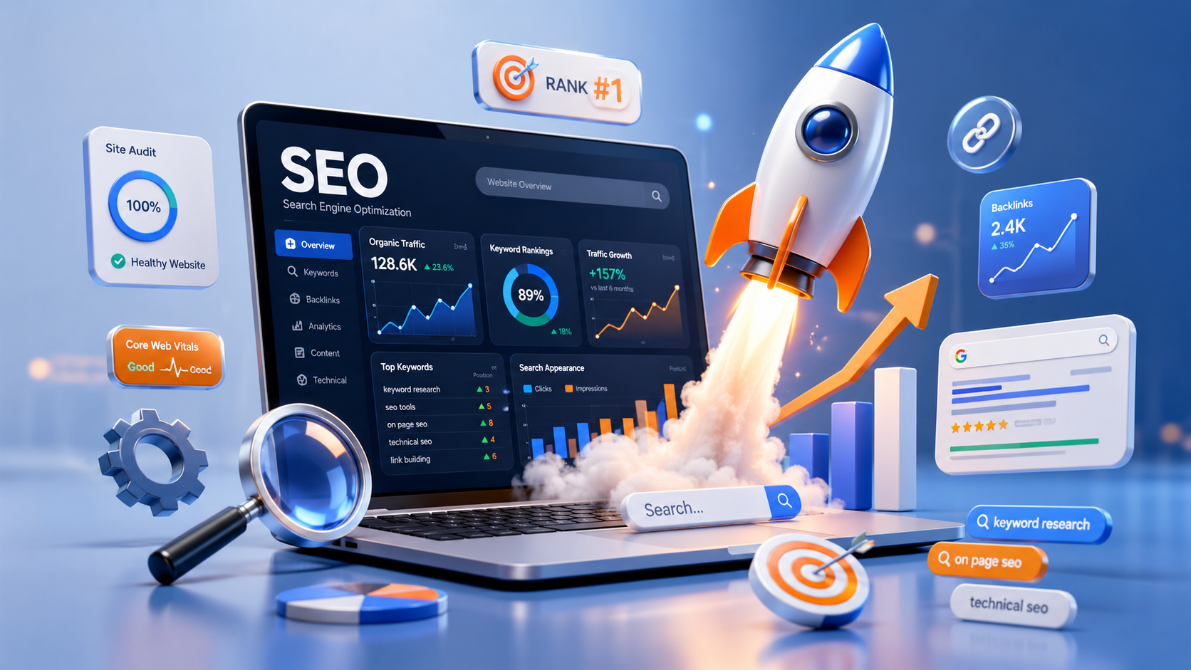 SEO growth analytics dashboard representing on-page SEO, technical SEO, and performance optimization